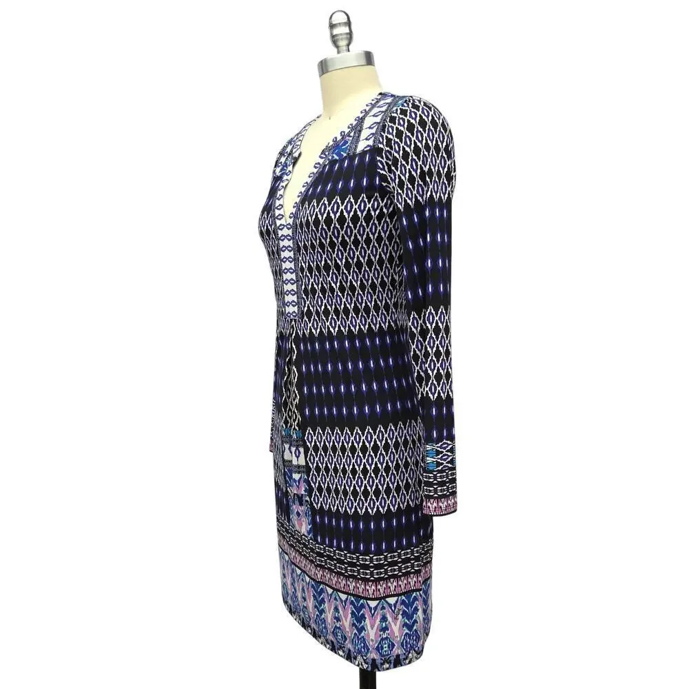 Hale Bob Boho Mini Dress Size XS Blue Mixed Print Tunic Long Sleeve V Neck